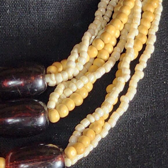 Express Wood Poly Brown Root Beer Tan Pearlescent White Bead 17" Choker Necklace - Picture 3 of 16